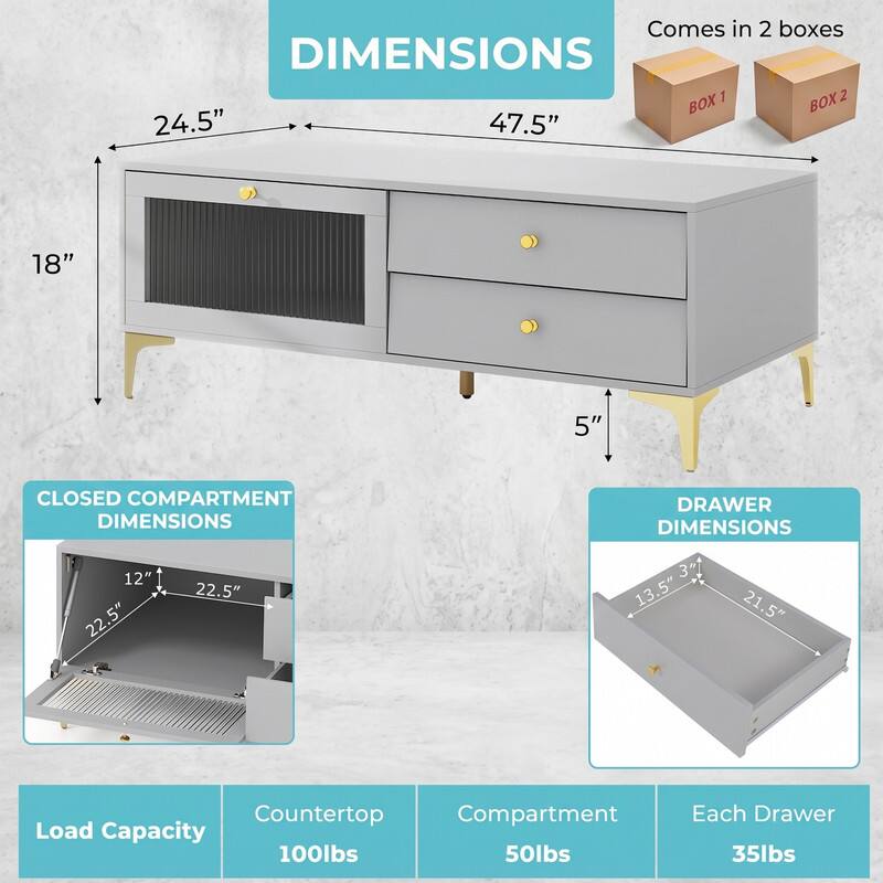 Comes in 2 boxes

DIMENSIONS
1 BOX 2 BOX
24.5" 47.5"
18" 5"

CLOSED COMPARTMENT DIMENSIONS
12" 22.5" 22.5"

DRAWER DIMENSIONS
3" 13.5" 21.5"

Countertop Compartment Load Capacity
100lbs 50lbs
Each Drawer 35lbs