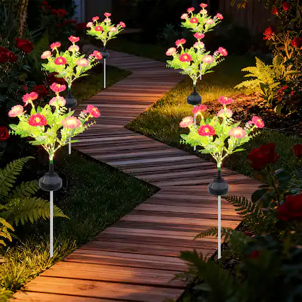 Front. Oumilen - 6PCS Solar-Powered Flower Stake Lights - Decorative Outdoor Garden Pathway Lights with Artificial Blooms.