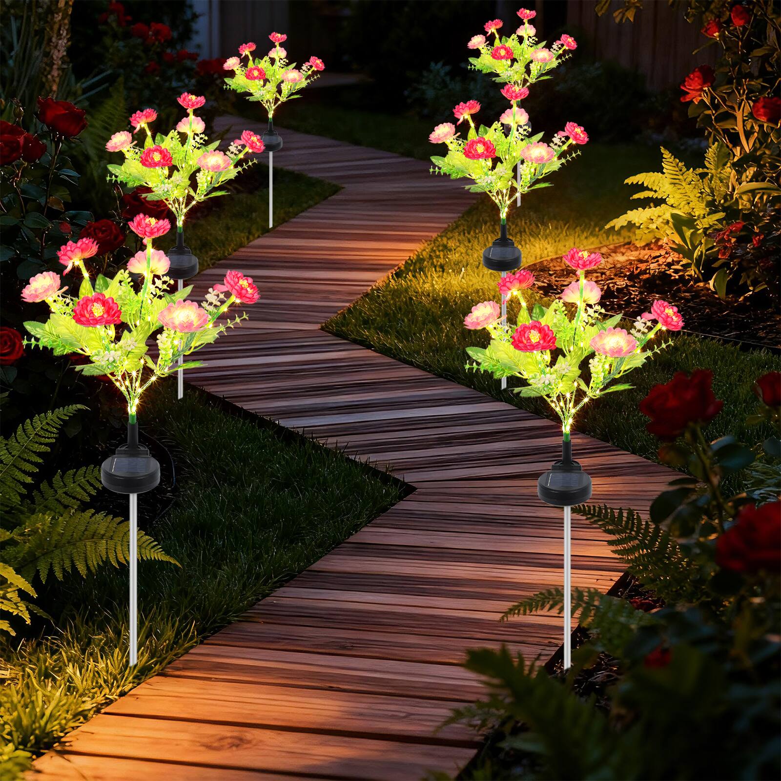 Front. Oumilen - 6PCS Solar-Powered Flower Stake Lights - Decorative Outdoor Garden Pathway Lights with Artificial Blooms.