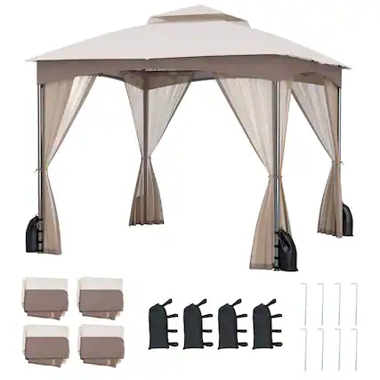 Front. Gymax - Gymax 10 X 10 FT Patio Gazebo w/ Netting Walls Soft Top Double Roof Canopy w/ 4 Sandbags Outdoor Gray - Khaki.