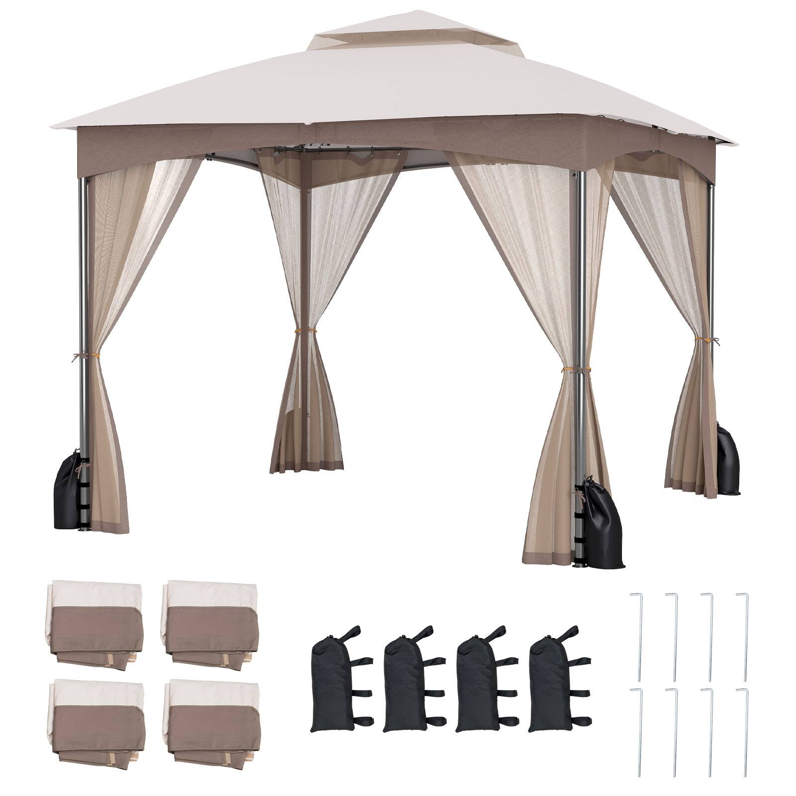 Front. Gymax - Gymax 10 X 10 FT Patio Gazebo w/ Netting Walls Soft Top Double Roof Canopy w/ 4 Sandbags Outdoor Gray - Khaki.