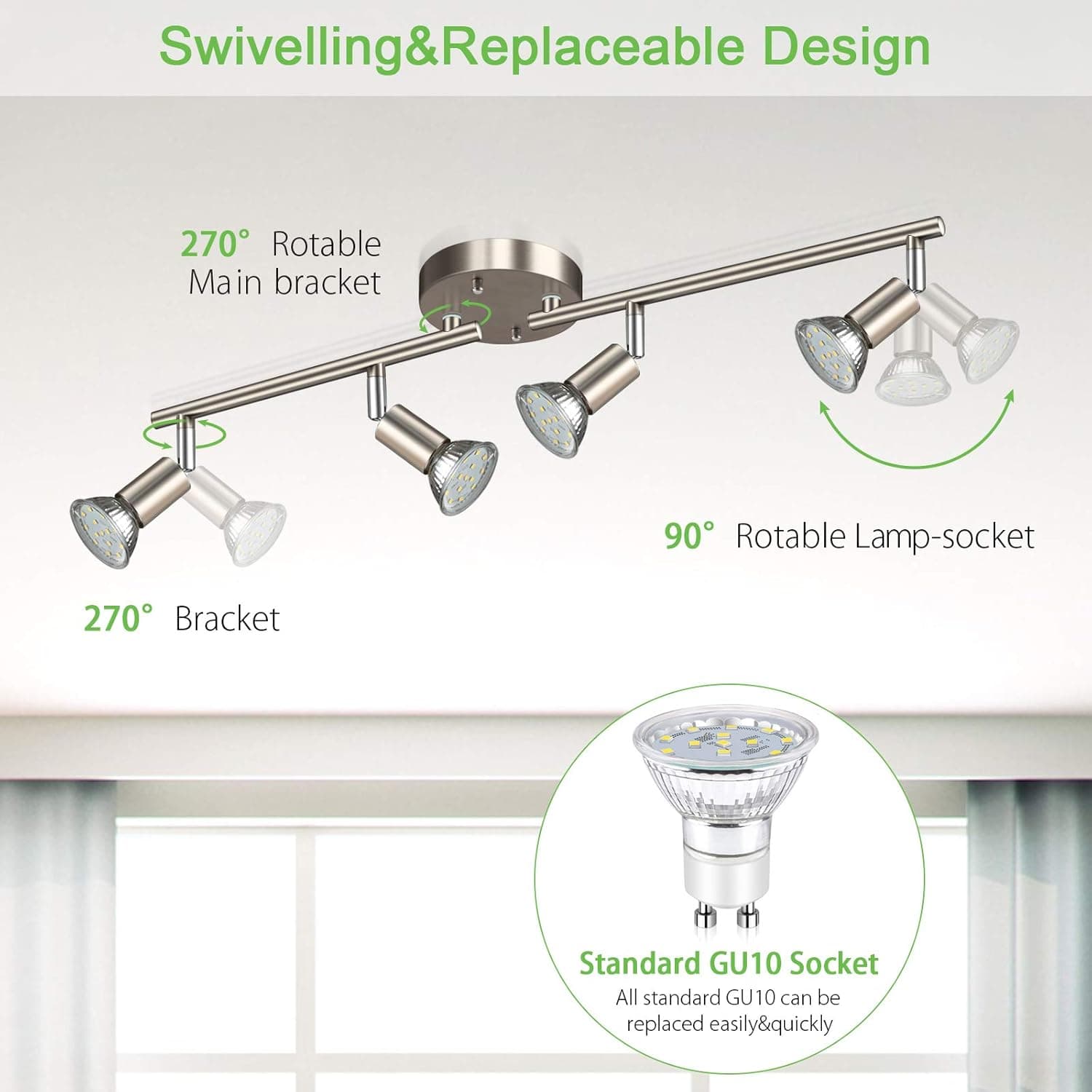 Swivelling & Replaceable Design

- 270° Rotable Main bracket
- 90° Rotable Lamp-socket
- 270° Bracket
- Standard GU10 Socket
- All standard GU10 can be replaced easily & quickly