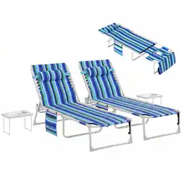 Outsunny - Chair Set of 2 with Face Hole and Side Table, 5-Position Folding Outdoor Chaise Lounge Chair - Blue Stripe