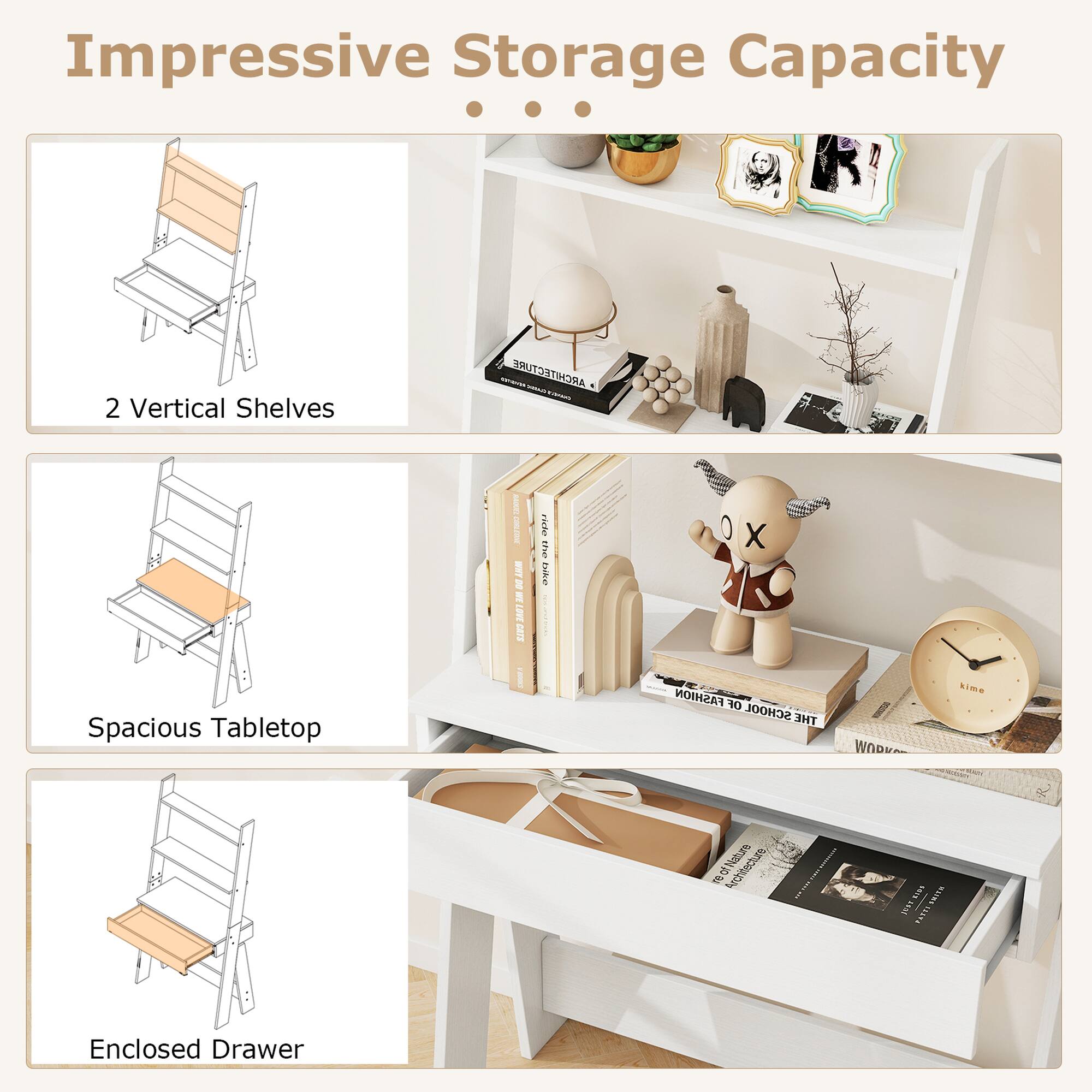 Impressive Storage Capacity

- 2 Vertical Shelves
- Spacious Tabletop
- Enclosed Drawer