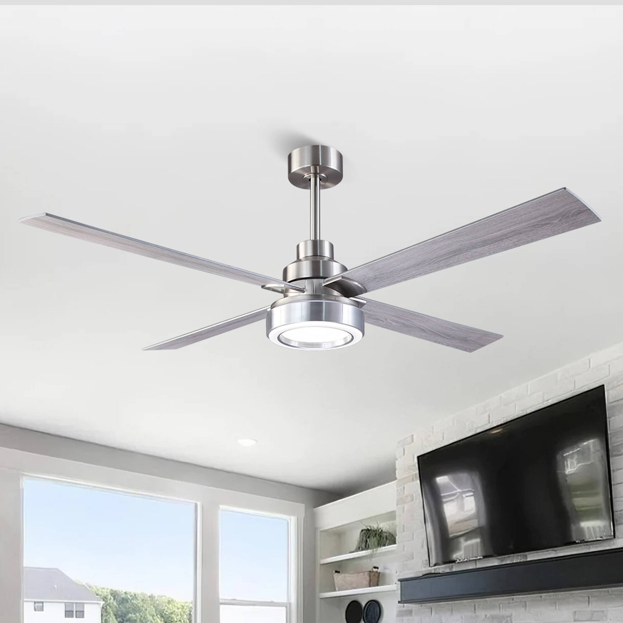 Alt View 1. Parrot Uncle - 60" Modern Brushed Nickel Integrated LED Smart Ceiling Fan with Light and App - Sand Nickel.