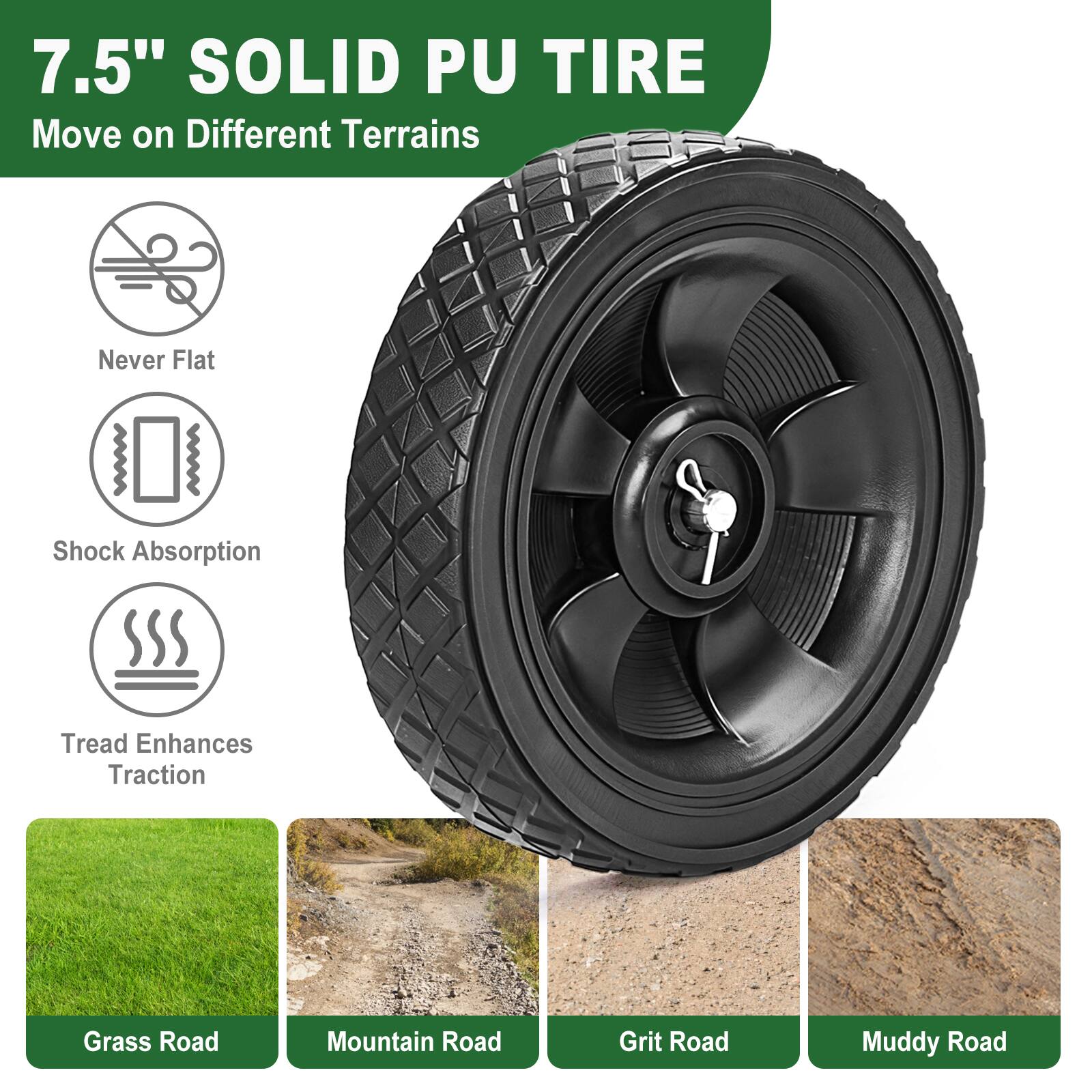 7.5" SOLID PU TIRE  
Move on Different Terrains  
Never Flat  
Shock Absorption  
Tread Enhances Traction  

Grass Road  
Mountain Road  
Grit Road  
Muddy Road