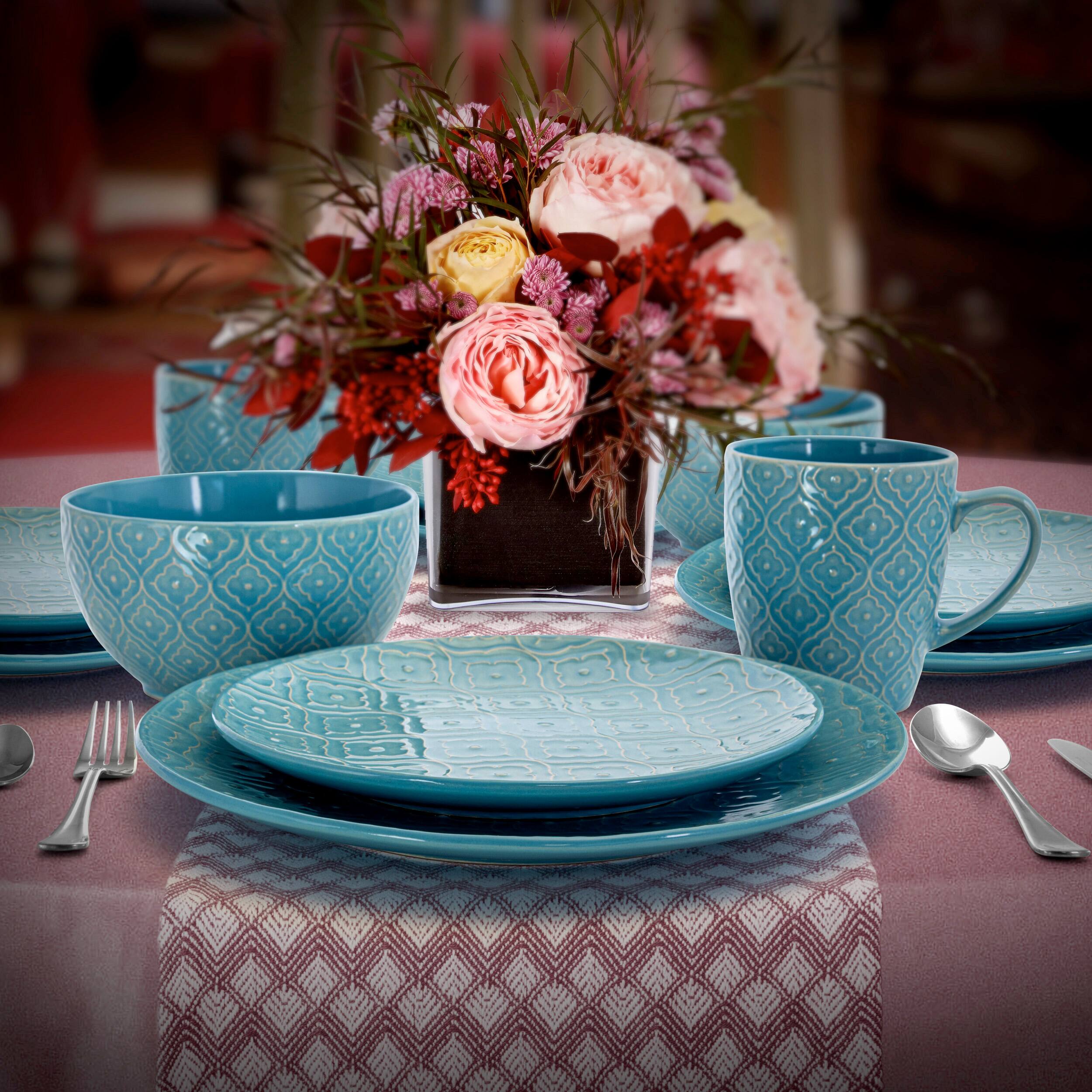 Alt View 5. Elama - Elama Aqua Lily 16 Piece Luxurious Stoneware Dinnerware with Complete Setting for 4 - Blue.