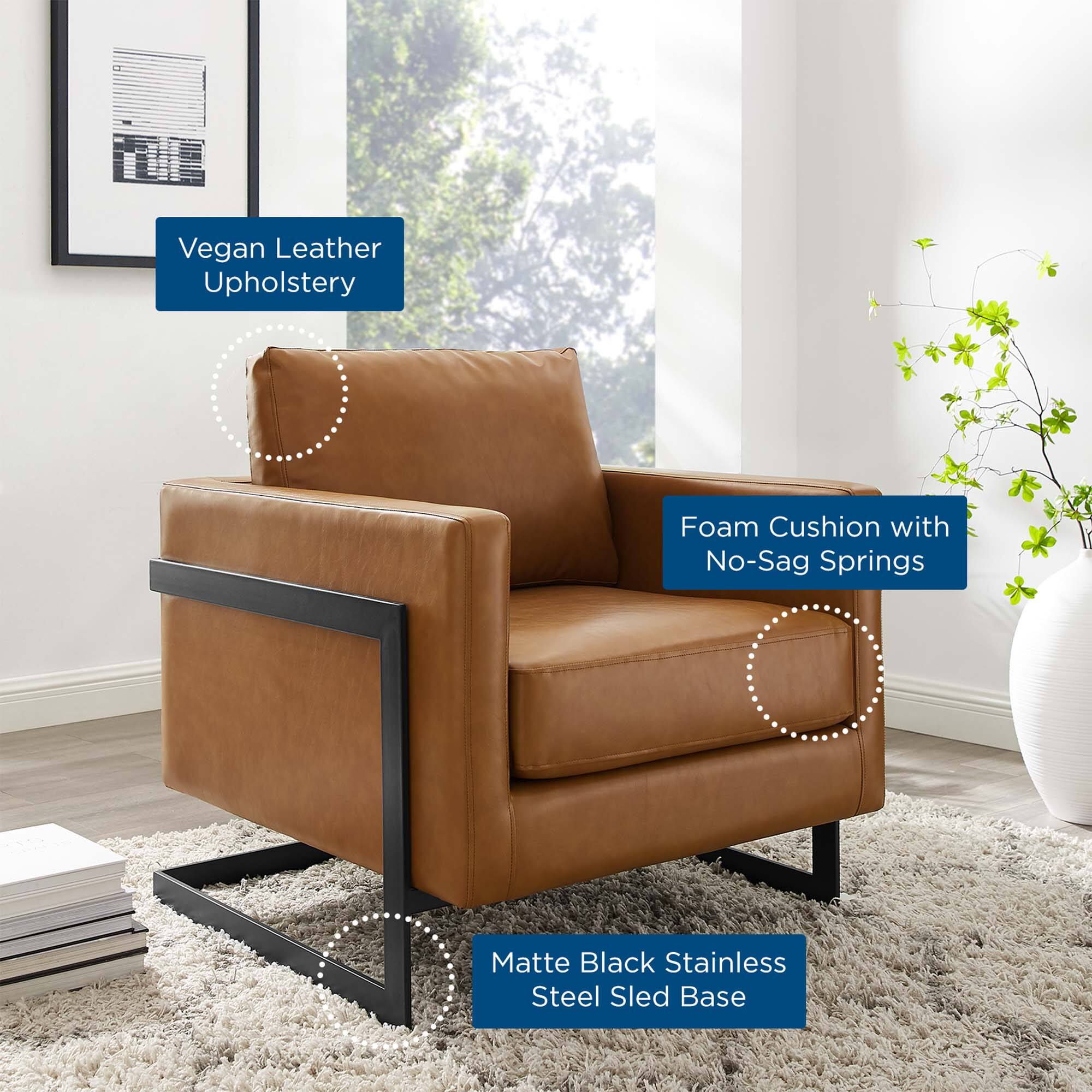 - Vegan Leather Upholstery
- Foam Cushion with No-Sag Springs
- Matte Black Stainless Steel Sled Base