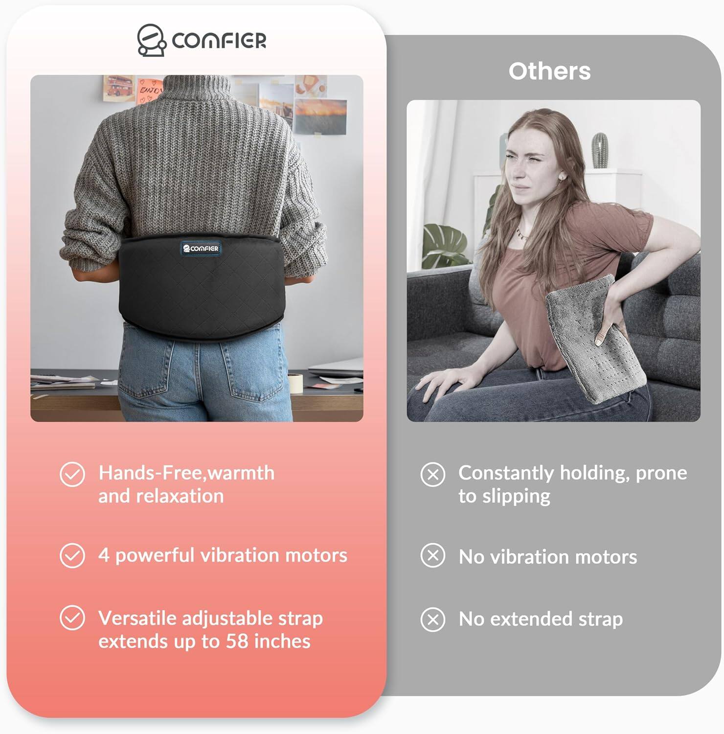 **CONFIER**

- Hands-Free, warmth and relaxation
- 4 powerful vibration motors
- Versatile adjustable strap extends up to 58 inches

**Others**

- Constantly holding, prone to slipping
- No vibration motors
- No extended strap