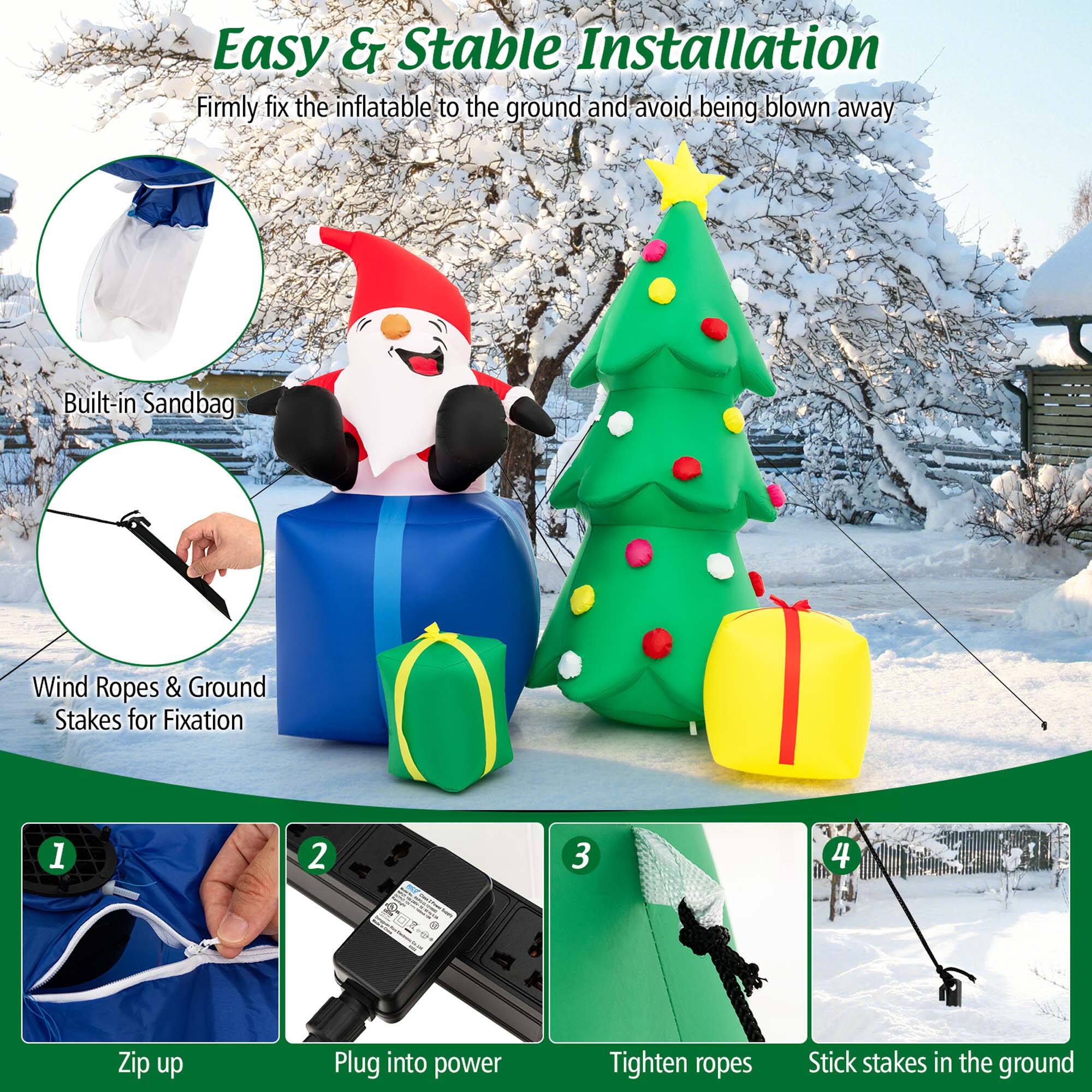 Easy & Stable Installation: Firmly fix the inflatable to the ground and avoid being blown away. Built-in Sandbag Wind Ropes & Ground Stakes for Fixation. 1. Zip up. 2. Plug into power. 3. Tighten ropes. 4. Stick stakes in the ground.