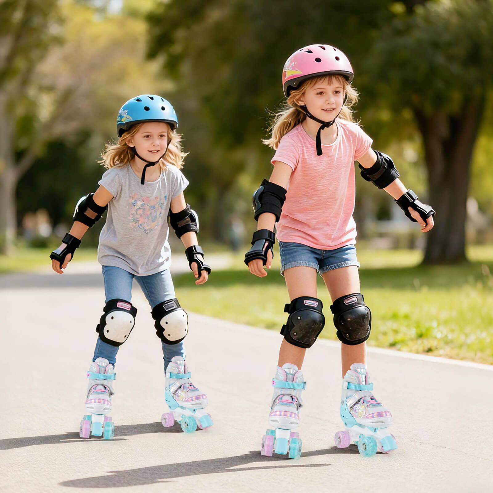 Alt View 1. Costway - Costway 4 Sizes Adjustable Quad Skates with Light-up Wheels Safety Protection for Ages 8-13 - Blue.
