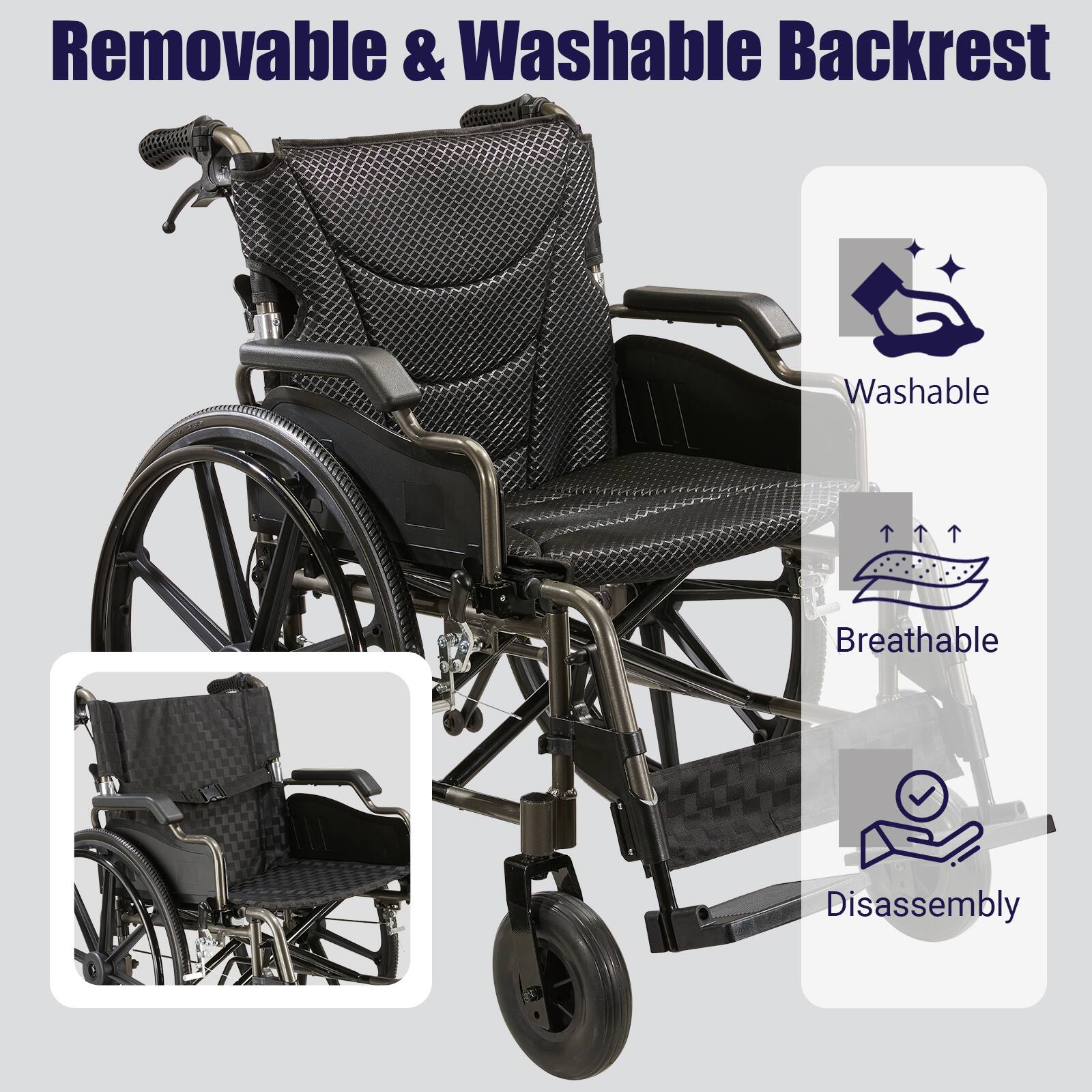 Removable & Washable Backrest

- Washable
- Breathable
- Disassembly