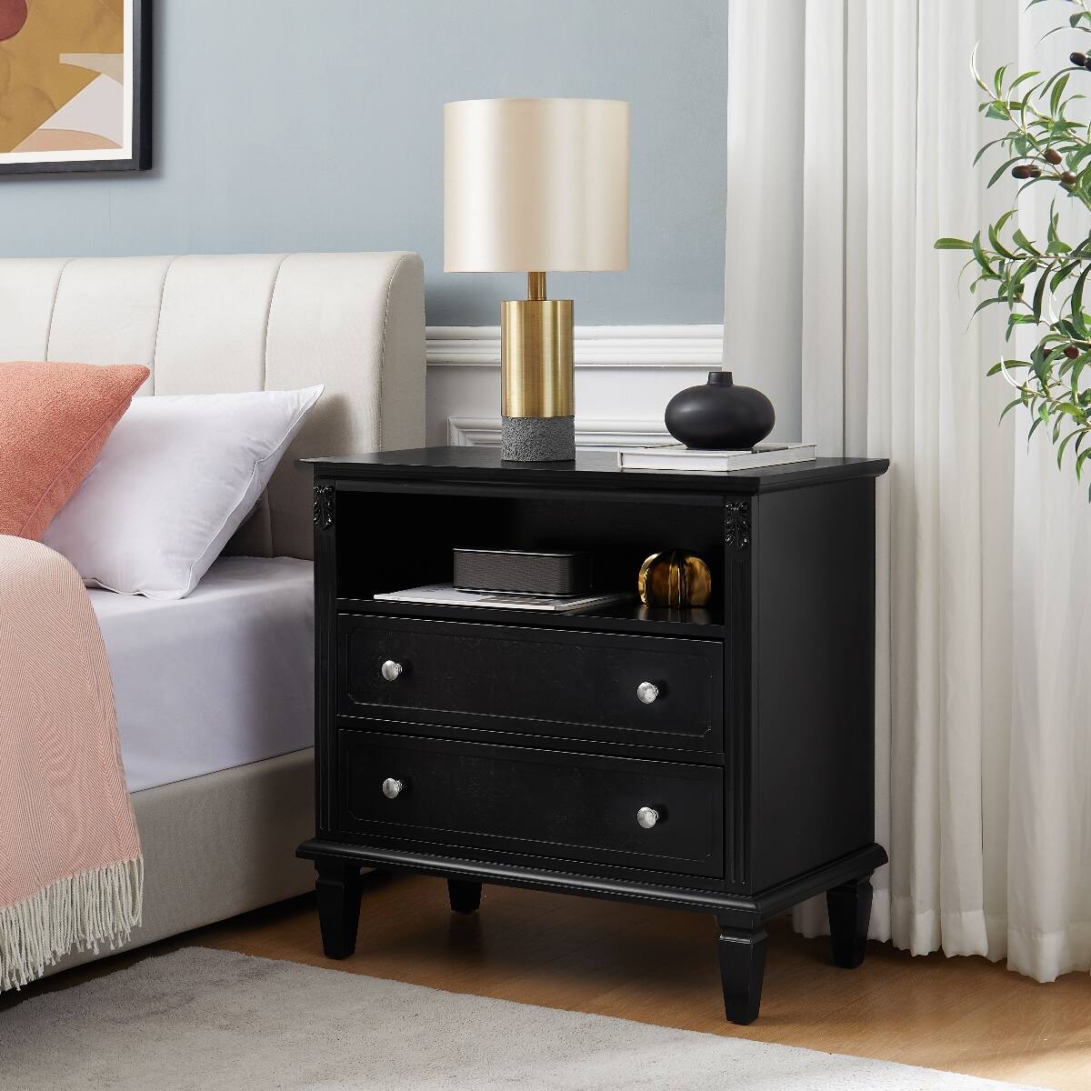 Left. Loheer - Loheer Black Nightstand With Charging Station, Two Drawers and Open Shelf - Black.