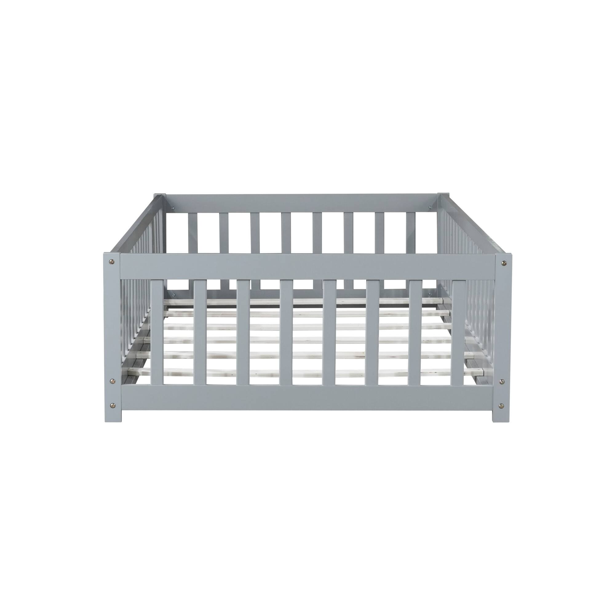 Alt View 7. GOODSILO - Twin Size Low-Profile Children's Floor Bed with Safety Guardrails and Entry Door, Natural Wood Finish - Grey.