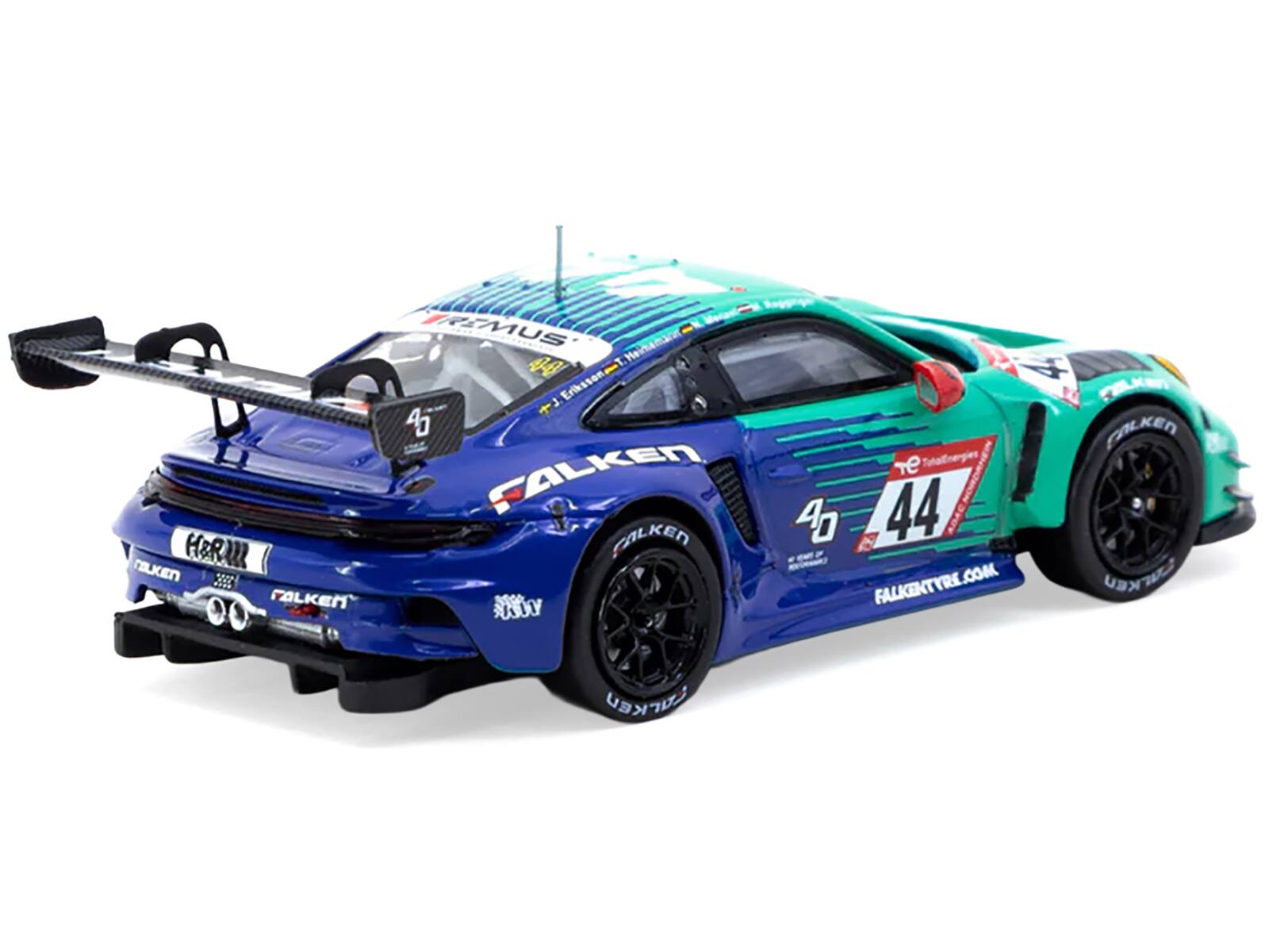 Sure, here is the corrected and grouped text from the image:

- HERURR CILKEN FIPE TALKEN
- 00 REMUS
- Meimemaru
- 44 T. J Eriksson
- 1+ 45
- FALKEN TYRE
- stO SO
- b PALKN
- CALKEN
- Te Totalnergies
- 4D
- 44
- FALKENTYRE.COM

Additional text from the car model:
- 44
- FALKEN
- H&R
- FALKEN TYRES.COM
- TALKEN
- 44
- FALKEN TYRES.COM