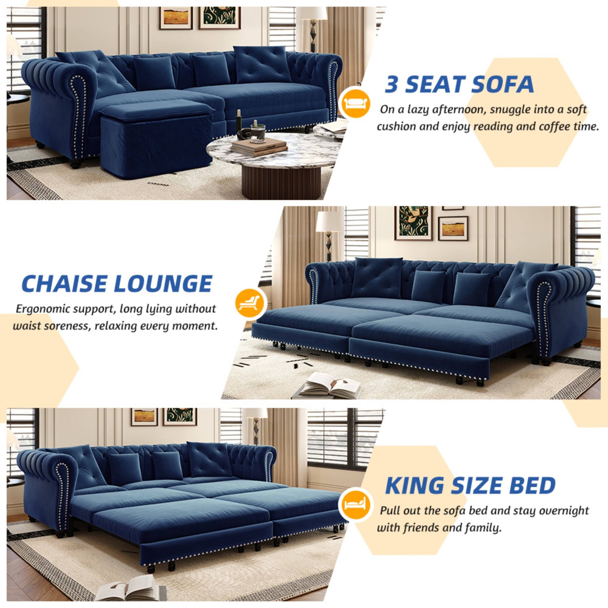 3 SEAT SOFA  
On a lazy afternoon, snuggle into a soft cushion and enjoy reading and coffee time.

CHAISE LOUNGE  
Ergonomic support, long lying without waist soreness, relaxing every moment.

KING SIZE BED  
Pull out the sofa bed and stay overnight with friends and family.