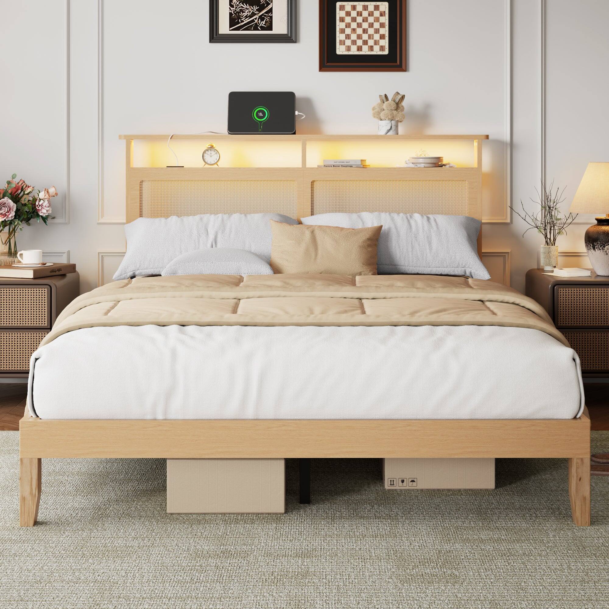 Angle. Furnulem - Queen Bed Frame With Natural Rattan Headboard Platform Bed Frame With LED Lights And Storage - Gold.