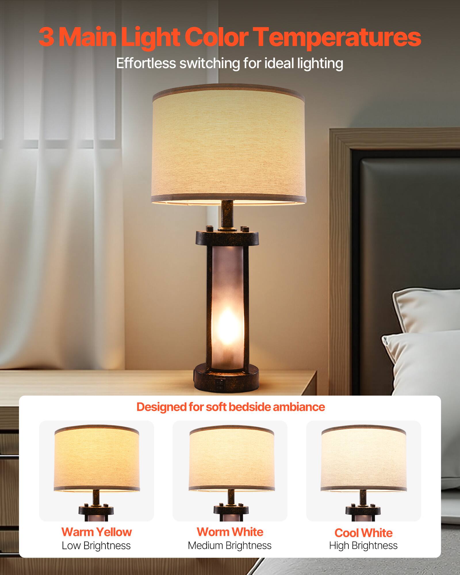3 Main Light Color Temperatures  
Effortless switching for ideal lighting  

Designed for soft bedside ambiance  

Warm Yellow  
Low Brightness  

Warm White  
Medium Brightness  

Cool White  
High Brightness