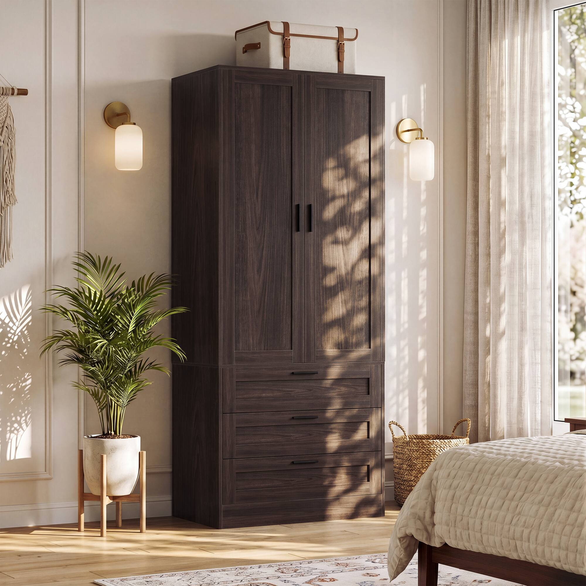 Left. Aheaplus - 2-Pack 71" Tall Armoire Wardrobes: 3 Drawers, Doors, Hanging Rod, 20" Deep Storage, Soft-Close Hinges ,Ships 2 Packages - Walnut.