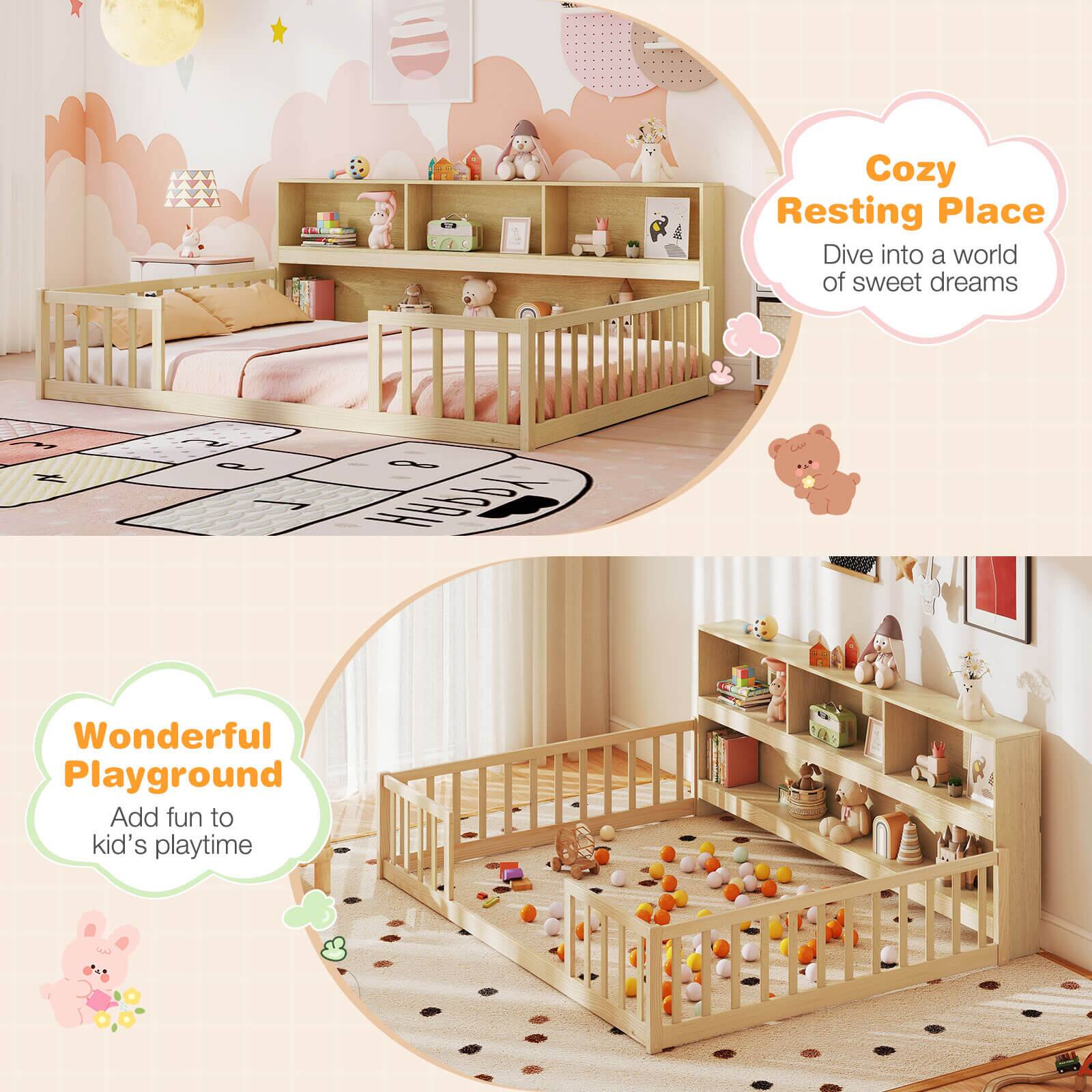 Alt View 9. Costway - Costway Full Size Montessori Floor Bed with Bookcase Storage Shelves & Safety Fence Rails - Natural.