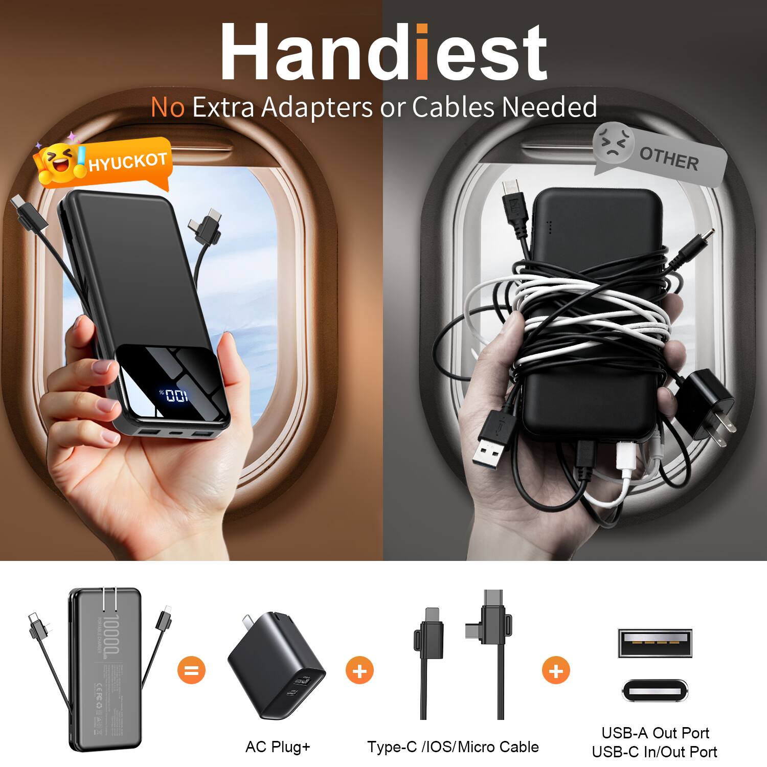 Handiest  
No Extra Adapters or Cables Needed

HYUCKOT  
10000 mAh

AC Plug+  
Type-C / iOS / Micro Cable  
USB-A Out Port  
USB-C In/Out Port