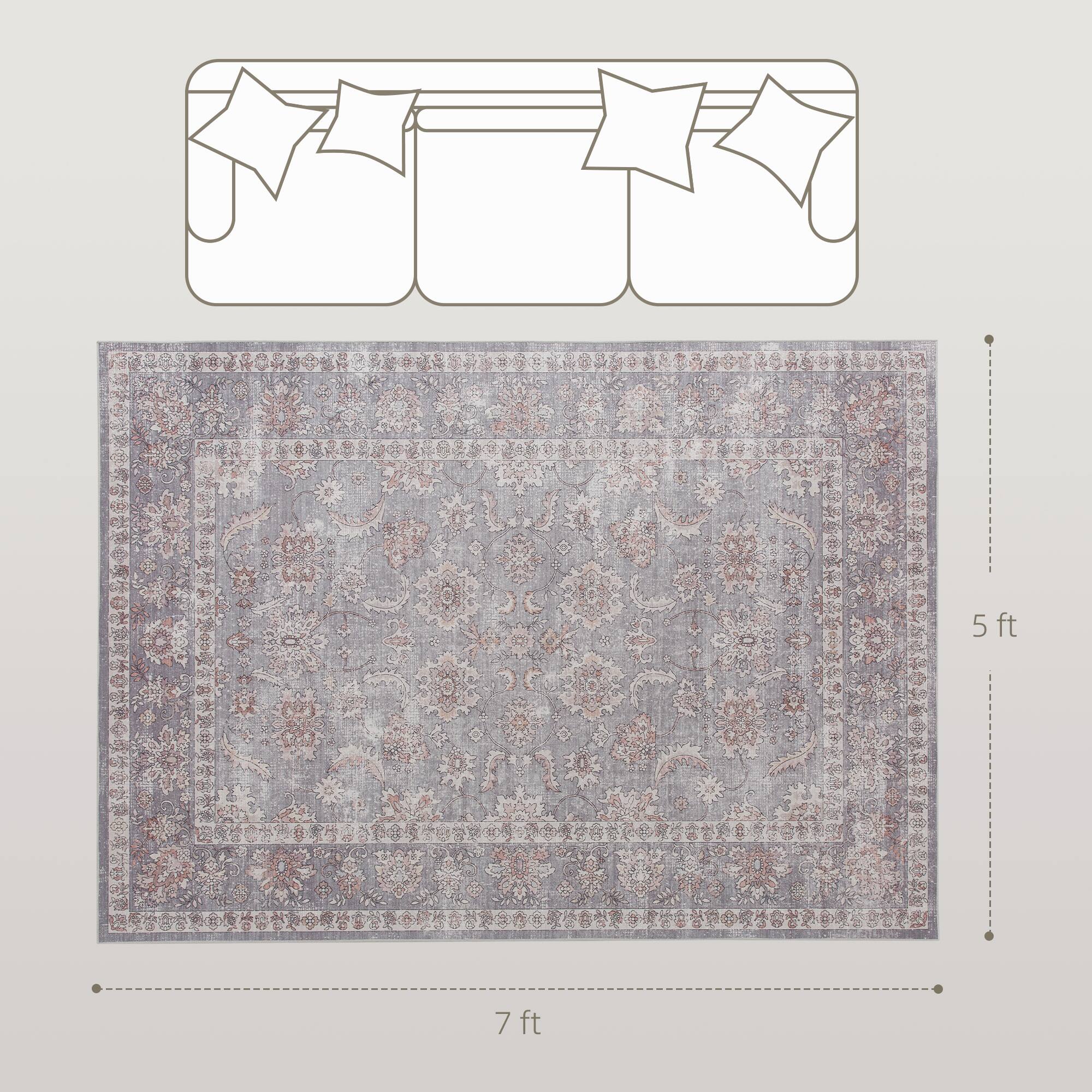 Alt View 2. Homcom - Area Rug 5x7, Machine Washable Non-Slip Traditional Flower Print Floor Cover - Grey.