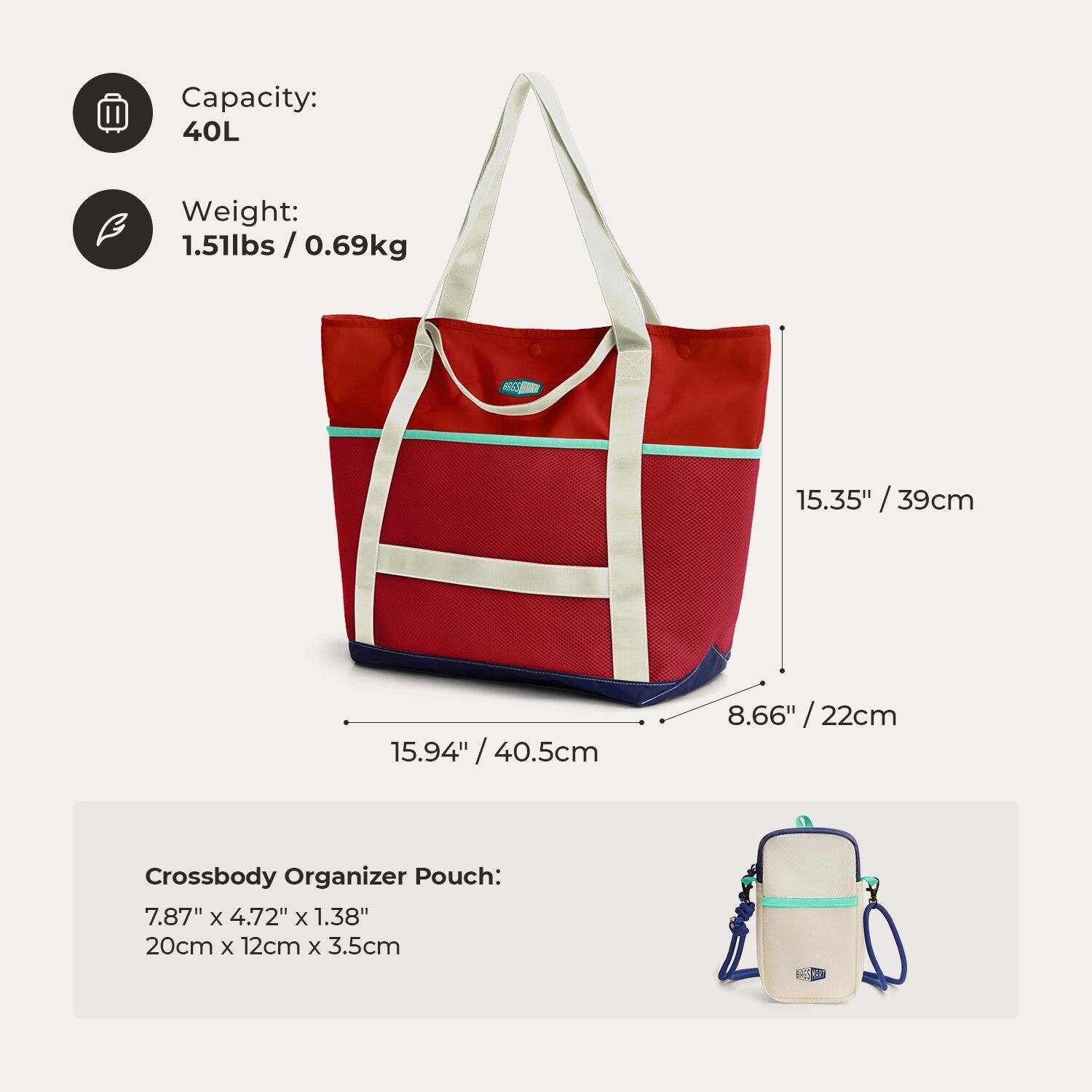 Capacity: 40L  
Weight: 1.51lbs / 0.69kg  
15.35" / 39cm  
15.94" / 40.5cm  
8.66" / 22cm  
Crossbody Organizer Pouch: 7.87" x 4.72" x 1.38" / 20cm x 12cm x 3.5cm