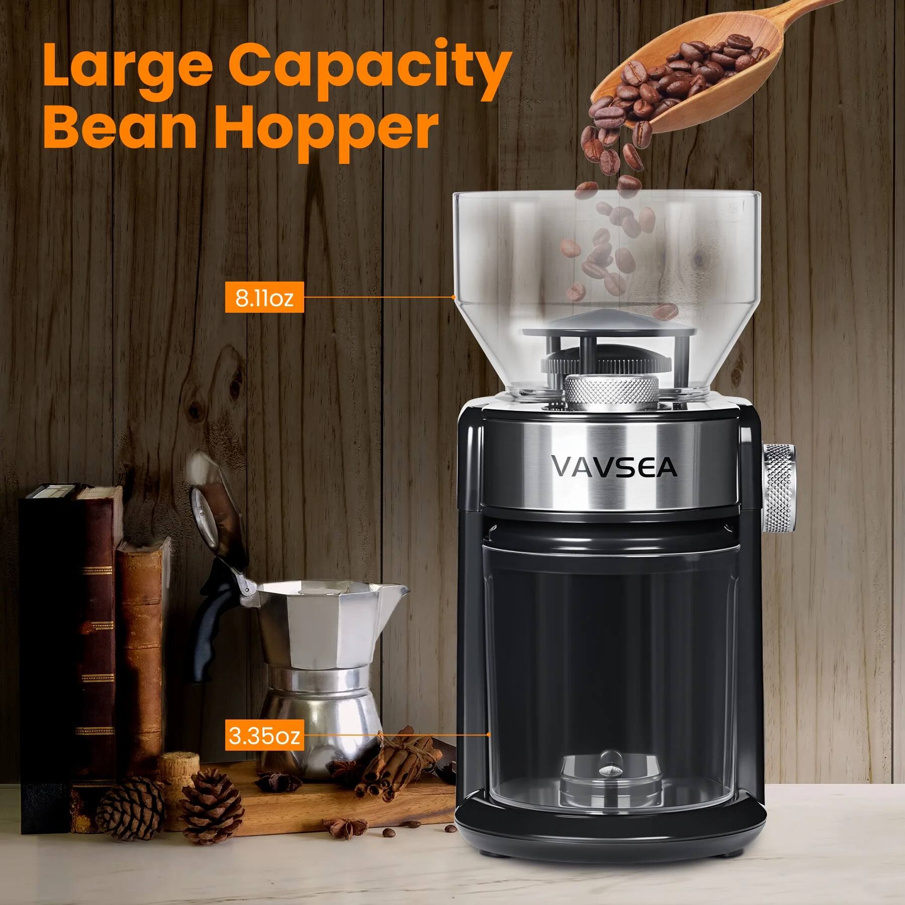 Large Capacity Bean Hopper

8.11oz

3.35oz

VAVSEA
