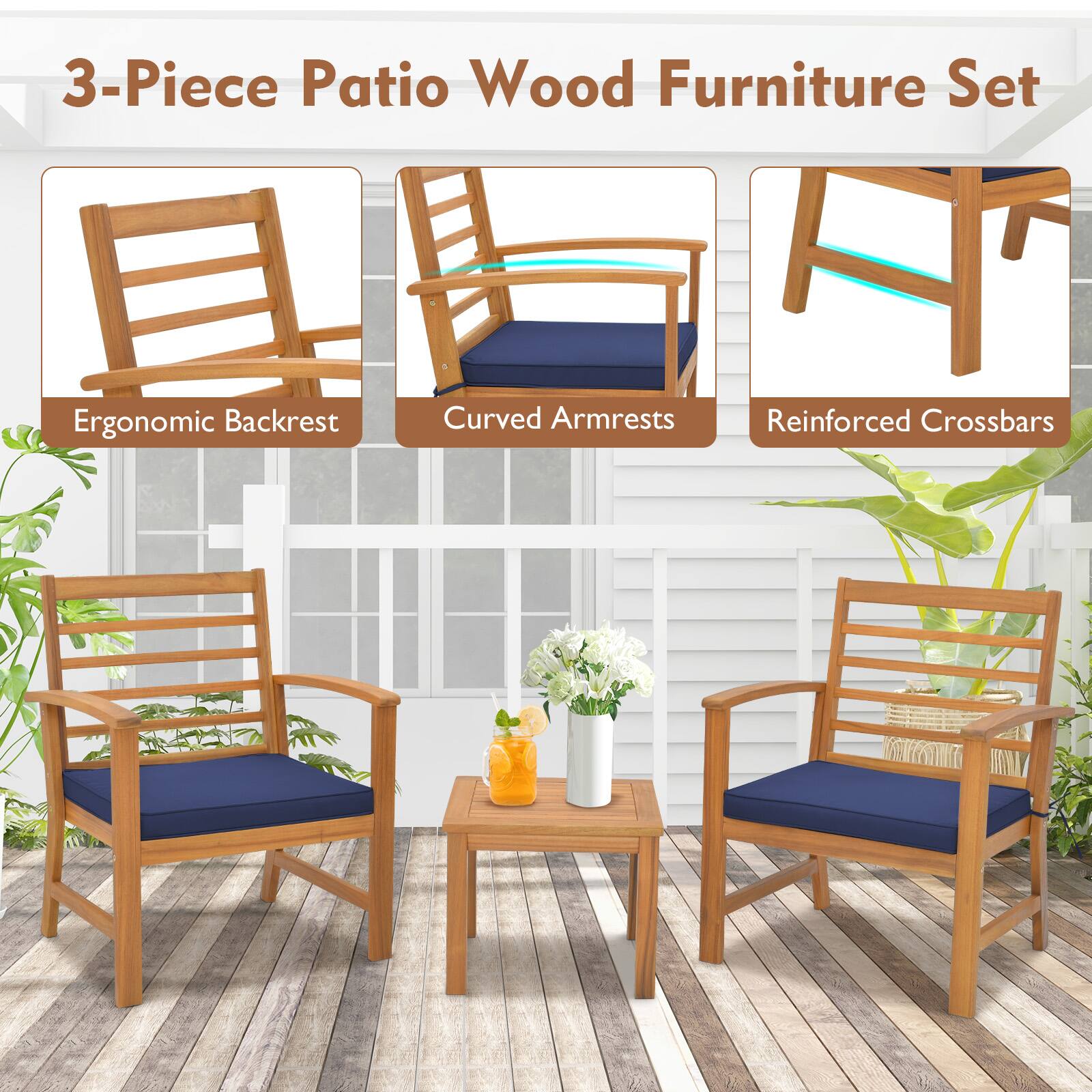 3-Piece Patio Wood Furniture Set: Ergonomic Backrest, Curved Armrests, Reinforced Crossbars