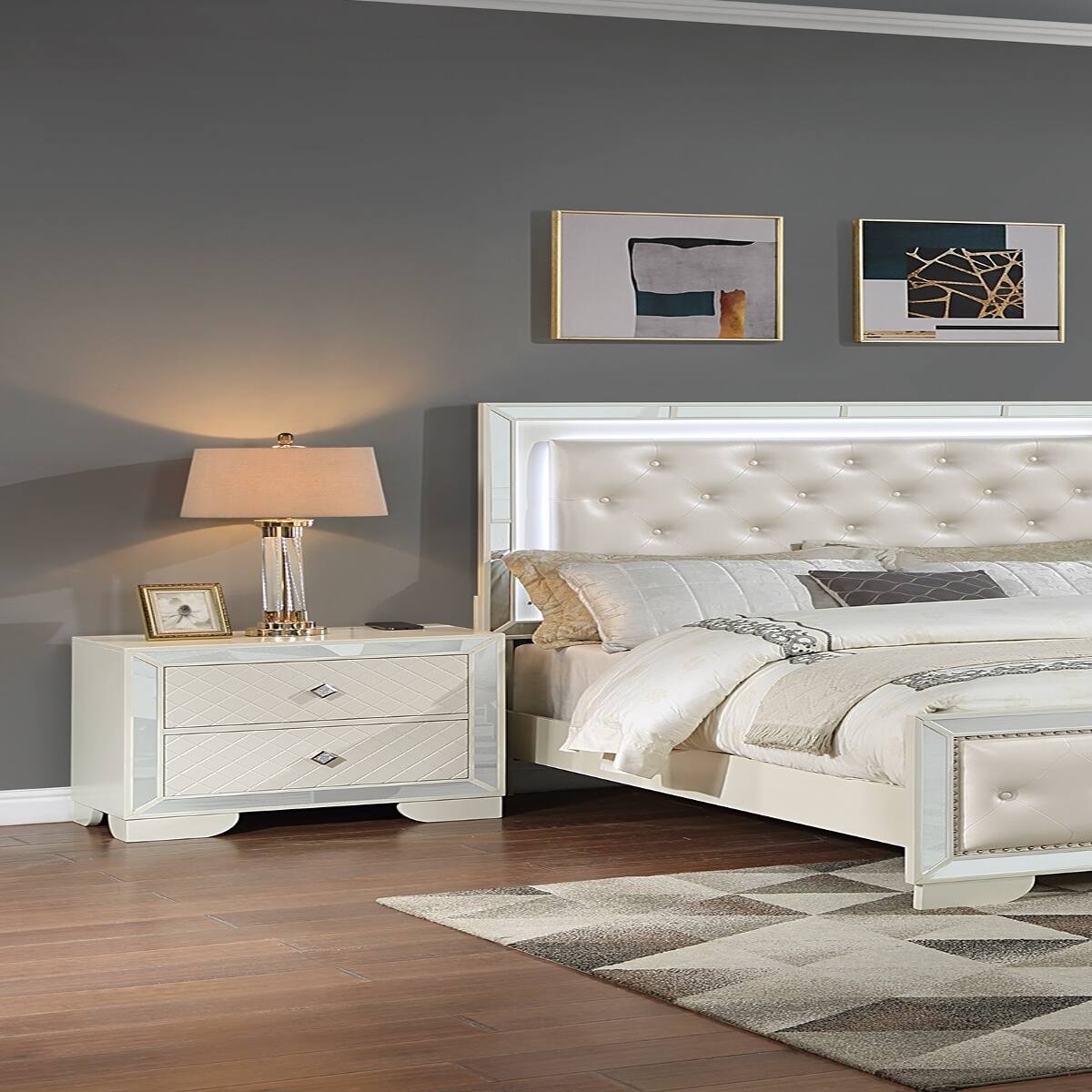 Angle. Loheer - Loheer Cream Wooden Nightstand With Two Drawers and Wireless Charging - Cream.