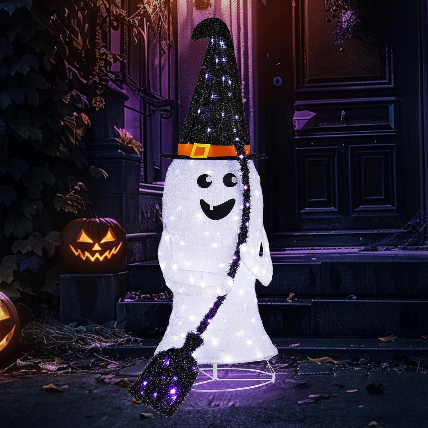 Alt View 5. Winado - Halloween 4FT Cute Elf Ghost Holding Retractable Broom with Hat, Lights Decoration for In/Outdoor Party Garden Lawn Yard - White & Black.