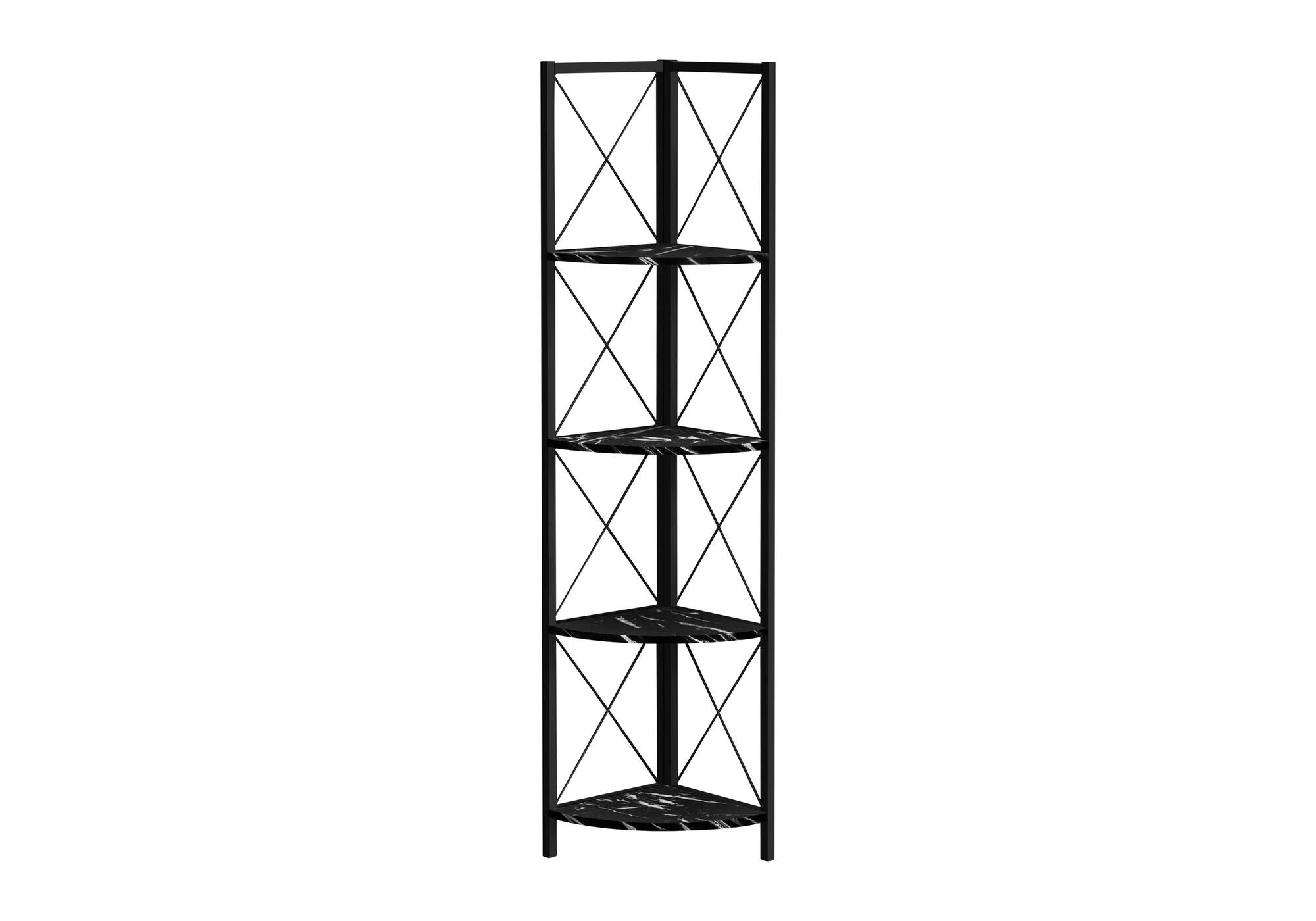Front. TinyHomie - Bookshelf Bookcase Etagere Corner 4 Tier 60in H Black Marble Look Laminate Black Metal - Black.