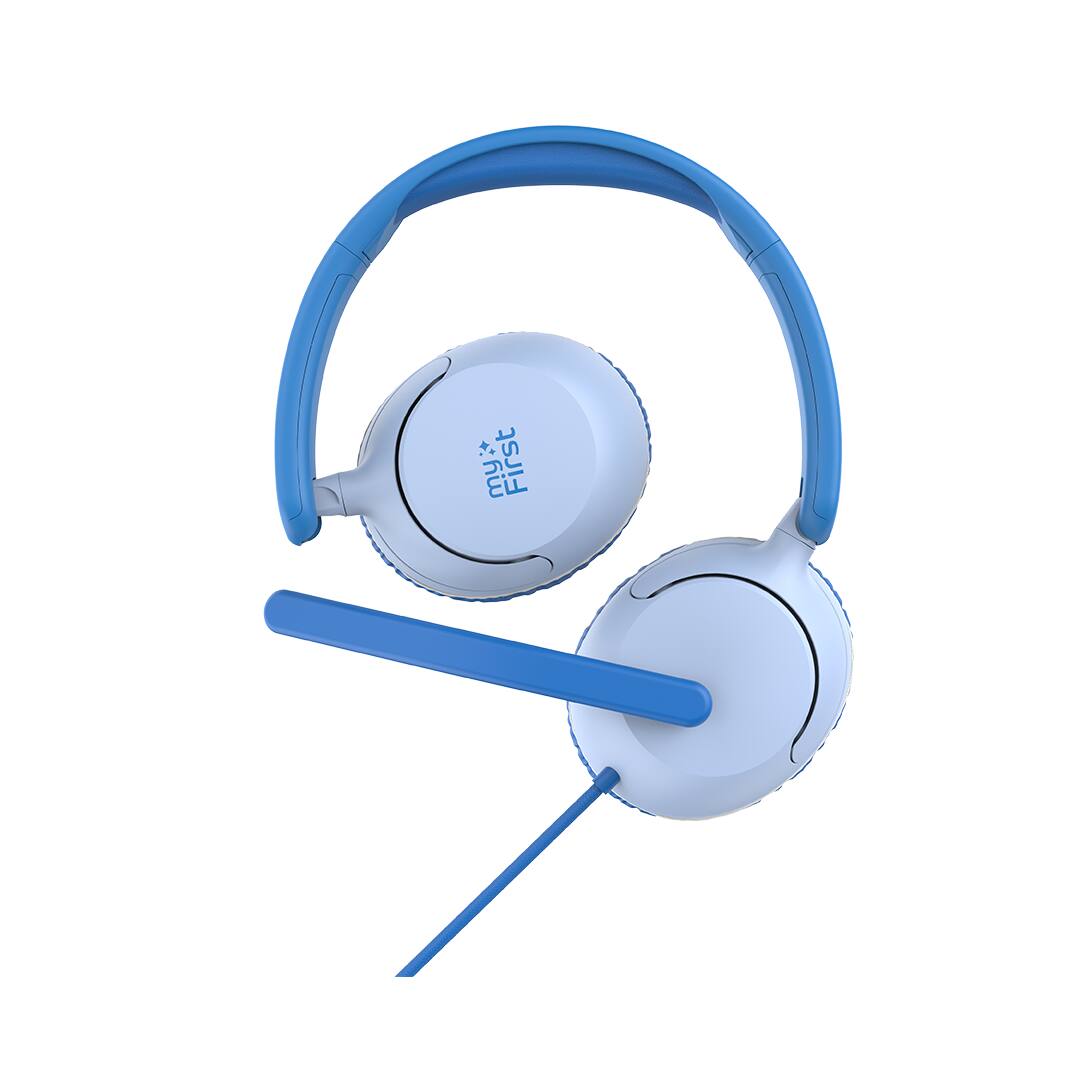 Back. myFirst - myFirst CareBuds Link W2, Foldable Wired Headphone with Kids Over-ear Headphone Safe Volume Limit & Boom Mic - Blue.