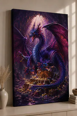 FC Design - Large Treasure Hoard Dragon Wall Art Canvas Print 24x36" Enchanted Cavern Fantasy Painting for Home Decor - MultiColor