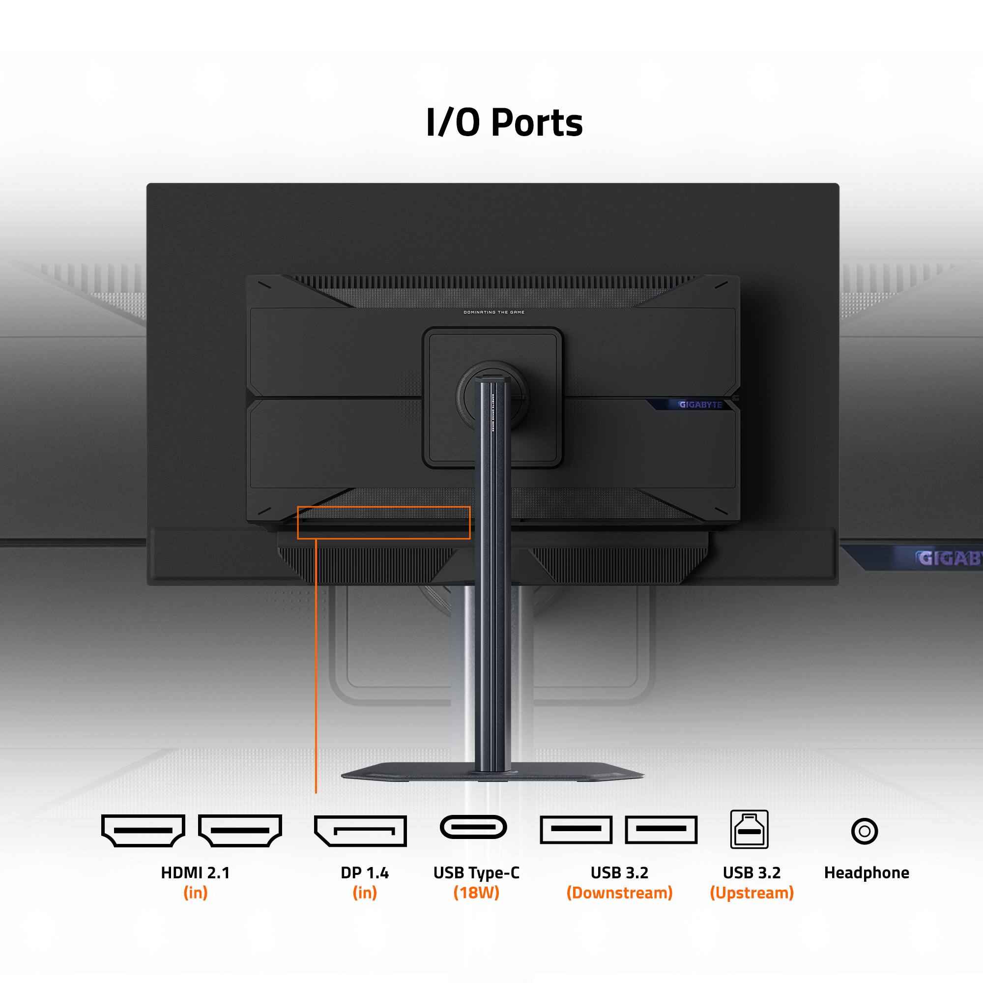 I/O Ports  
- HDMI 2.1 (in)  
- DP 1.4 (in)  
- USB Type-C (18W)  
- USB 3.2 (Downstream)  
- USB 3.2 (Upstream)  
- Headphone