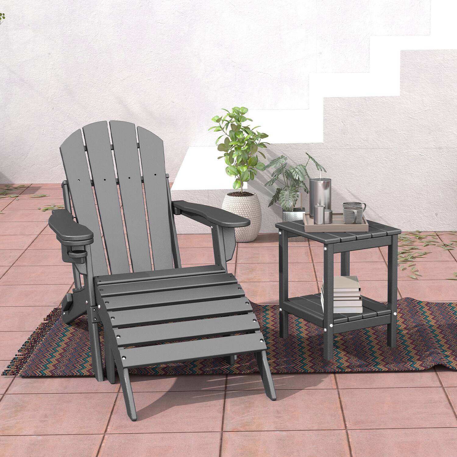 Alt View 2. FODINGHILL - Adirondack Outdoor Side Table Set of 2, 14x13 Inch, All-Weather HDPE Plastic for Patio & Porch - Grey.