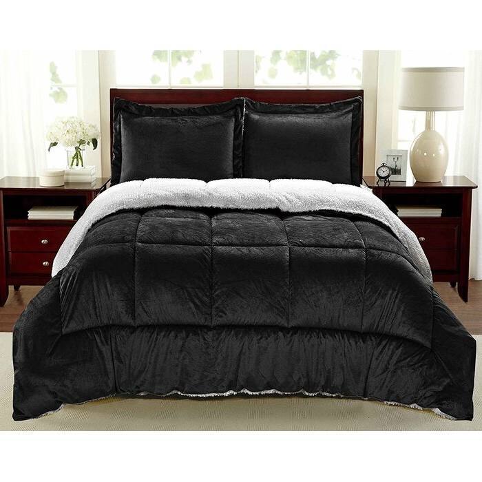 Back. Hivvago - Twin Size 2 Piece Ultra Soft Sherpa Wrinkle Resistant Comforter Set in Black - Black.
