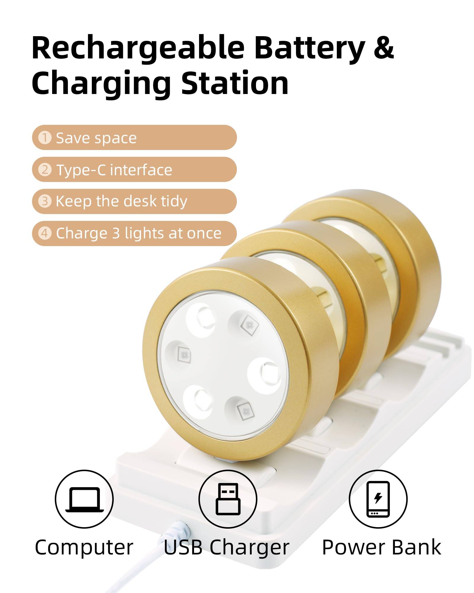 Rechargeable Battery & Charging Station

1. Save space
2. Type-C interface
3. Keep the desk tidy
4. Charge 3 lights at once

Computer USB Charger Power Bank