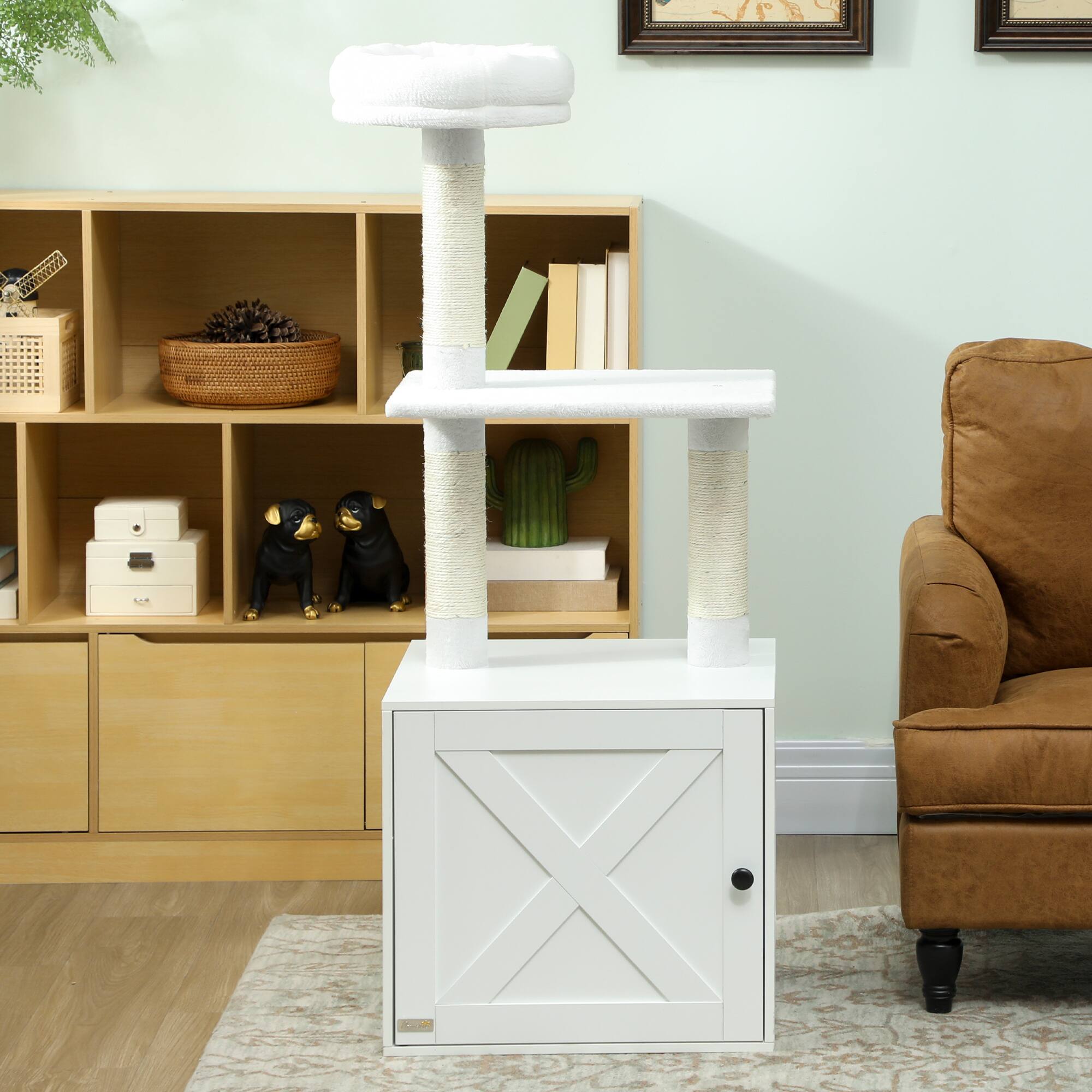 Alt View 4. Pawhut - Cat Tree with Litter Box, 2-in-1 Cat Tower with Scratching Posts, Climbing Platforms, Modern Style - White.