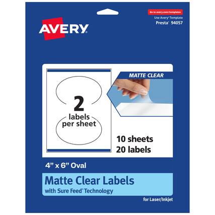 Go to avery.com/templates
Use Avery Template Presta® 94057
MATTE CLEAR
2 labels per sheet
10 sheets
20 labels
4" x 6" Oval
Matte Clear Labels
with Sure Feed® Technology
for Laser/Inkjet
