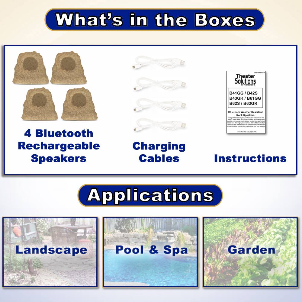 What's in the Boxes

- 4 Bluetooth Rechargeable Speakers
- Charging Cables
- Instructions

Applications

- Landscape
- Pool & Spa
- Garden

Theater Solutions  
B41GG / B42S / B43GR / B61GG / B62S / B63GR  
Bluetooth Weather Resistant Rock Speakers
