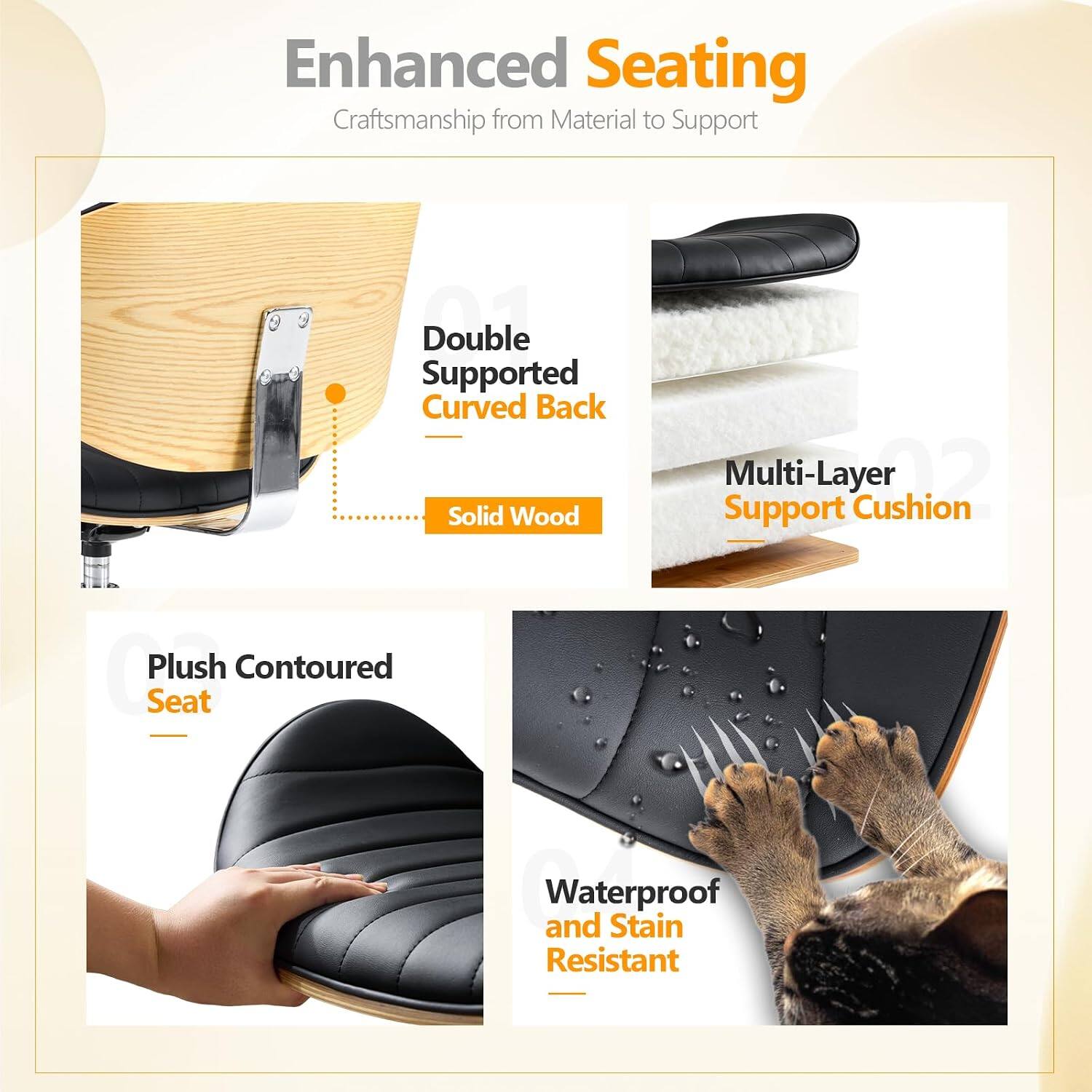 Enhanced Seating  
Craftsmanship from Material to Support  
Double Supported Curved Back  
Solid Wood Support  
Multi-Layer Support Cushion  
Plush Contoured Seat  
Waterproof and Stain Resistant