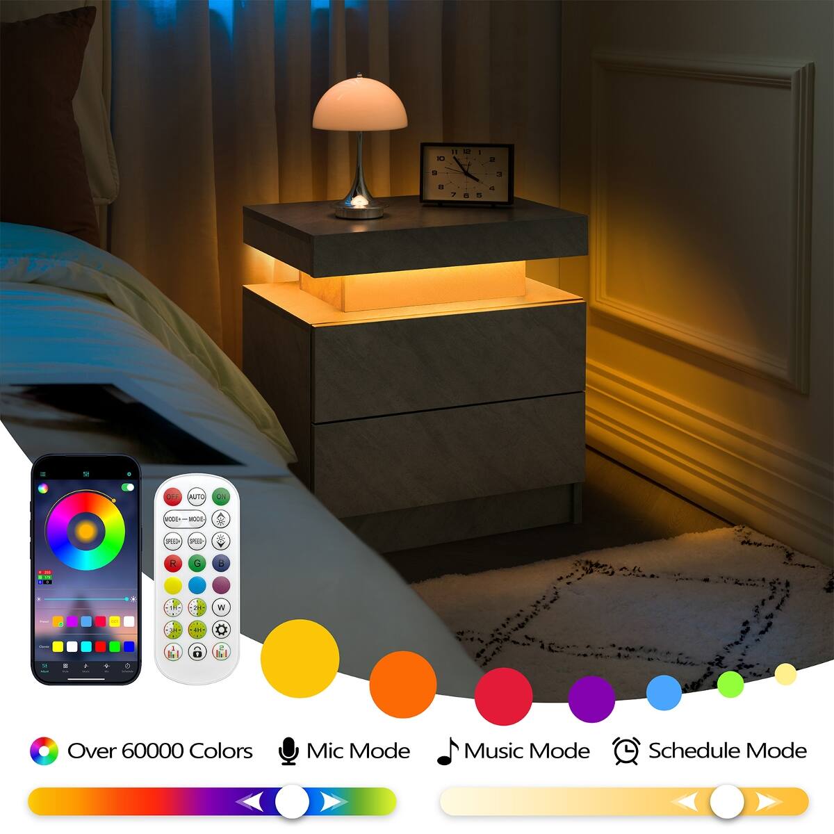 11:12 1 | 10 2

g
3
8 4 7 765 6 5

OFF
AUTO
ON
MODE* - MODE

R
G
B
W

1
110

Over 60000 Colors
Mic Mode
Music Mode
Schedule Mode