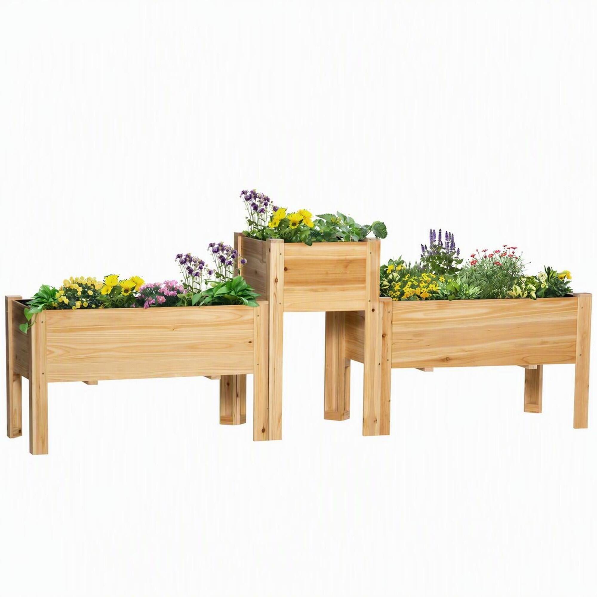Front. RYHNUYNE - 3-Piece Wooden Raised Garden Bed Set with Legs and Liner for Vegetables Herbs Flowers in Backyard Patio, Natural - Natural Wood.