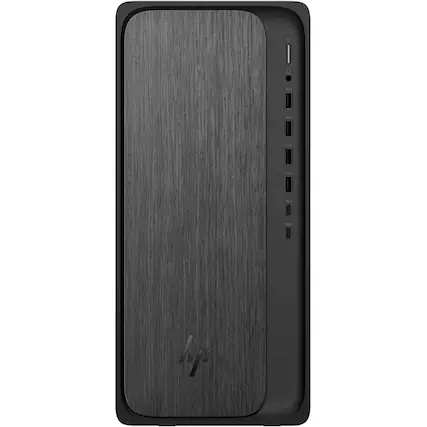 Front. HP - OmniDesk M02-0117 Desktop 16GB 1TB SSD AMD Ryzen™ 5.0GHz WIN11H, Wood - Gray.