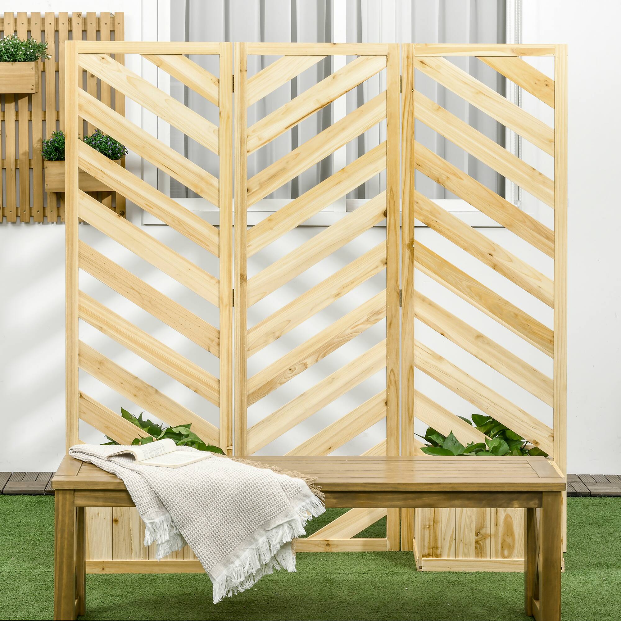Alt View 7. Outsunny - Decorative Outdoor Privacy Screen, Freestanding Divider/Separator with 4 Self-Draining Planters - Natural wood finish.