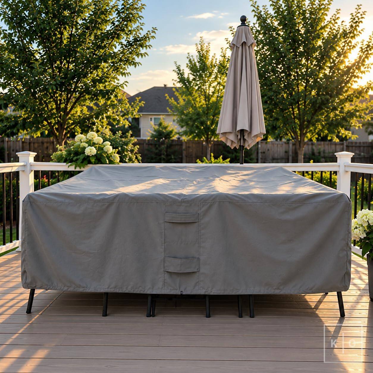 Alt View 1. KHOMO GEAR - Patio Furniture Cover Waterproof, Rectangular Outdoor Table and Chair Set Cover, Fits 6-8 Chairs - 128"L x 82"W x 25"H - Gray.