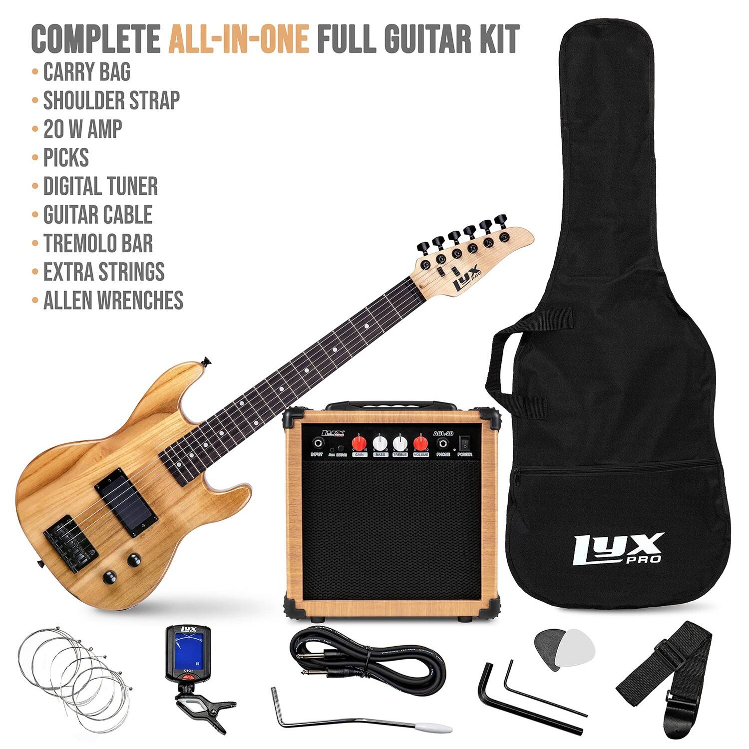 COMPLETE ALL-IN-ONE FULL GUITAR KIT
CARRY BAG
SHOULDER STRAP
20 W AMP
PICKS
DIGITAL TUNER
GUITAR CABLE
TREMOLO BAR
EXTRA STRINGS
ALLEN WRENCHES