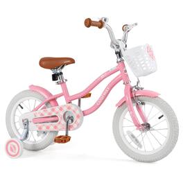 Costway - 14" Kid's Bike with Removable Training Wheels & Basket for 3-5 Years Old - Rose Red