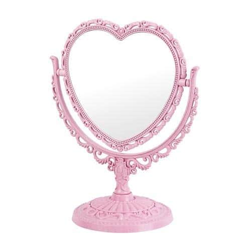 Pacoar Cade - Beige Heart Shaped Mirror Cute Vanity Princess For Desk Double sided Rotatable Table With Stand Downtown Girl Room - Pink